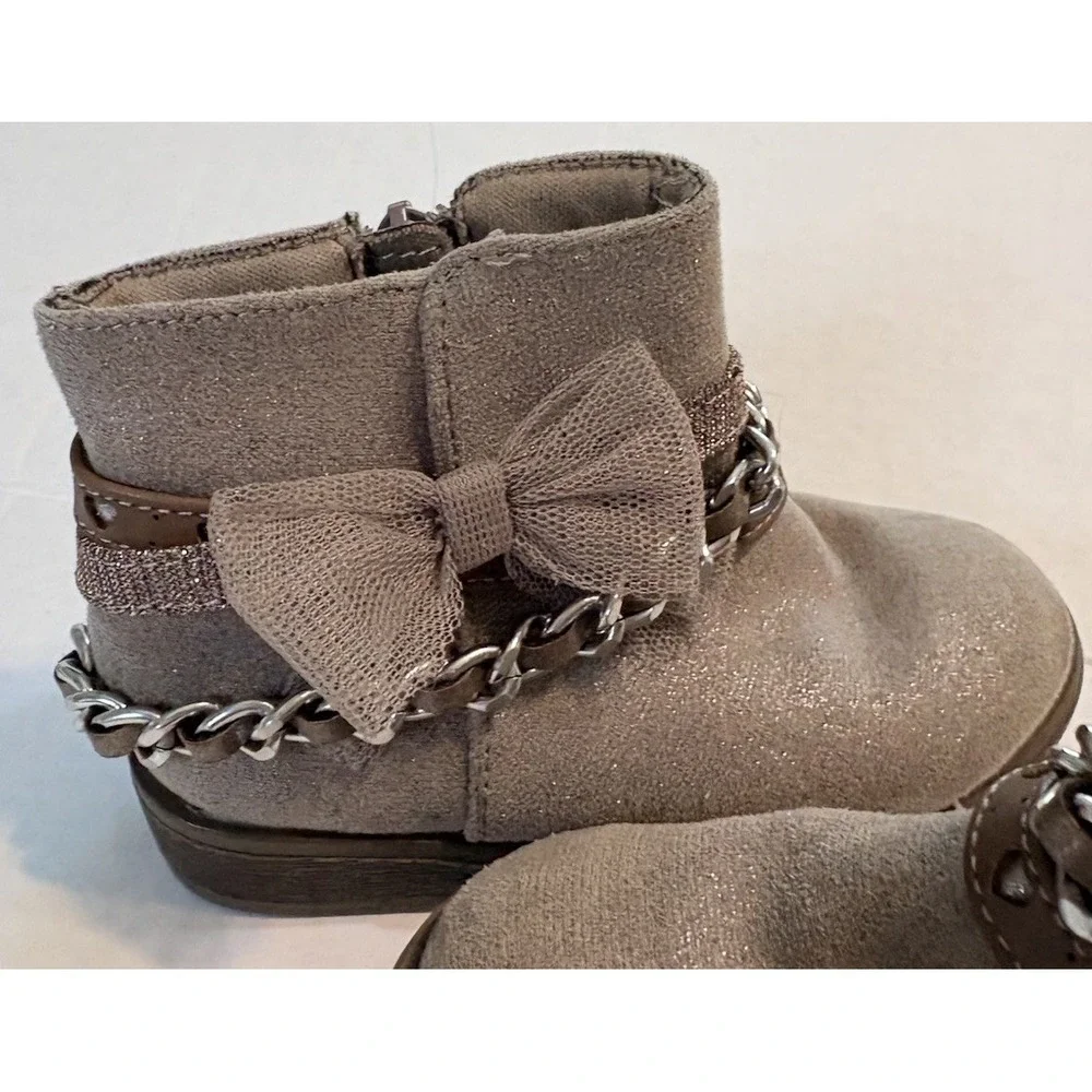 Crown Vintage Girls Gray Ankle Boots US 7M Zip Bow Chain Glitter Ankle Strap